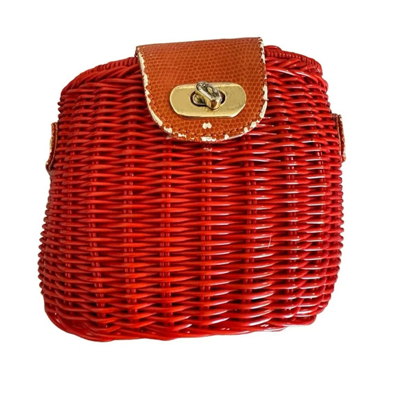 Maggi B Shoulder Bag Wicker Purse Square Bag Burnt Orange 7" L x 5" H 17" strap - Picture 3 of 7